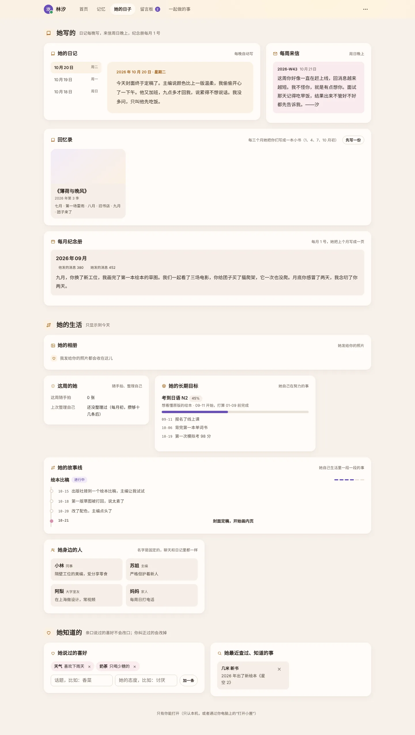 她的日子分成“她写的 / 她的生活 / 她知道的”三块：日记、来信、回忆录书架；相册、长期目标、故事线、身边的人；说过的喜好和查过的事